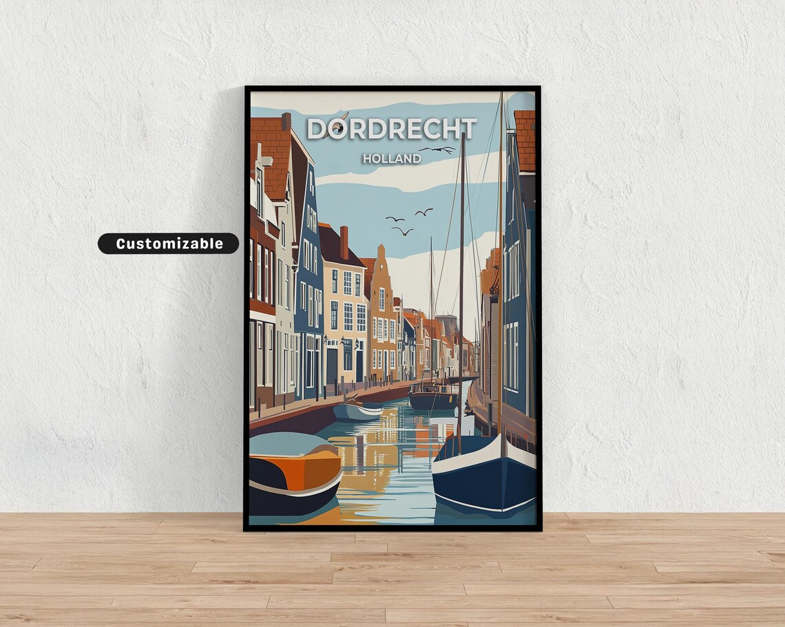 Dordrecht Holland Canal Boats Seagulls Bold Vintage Travel Poster
