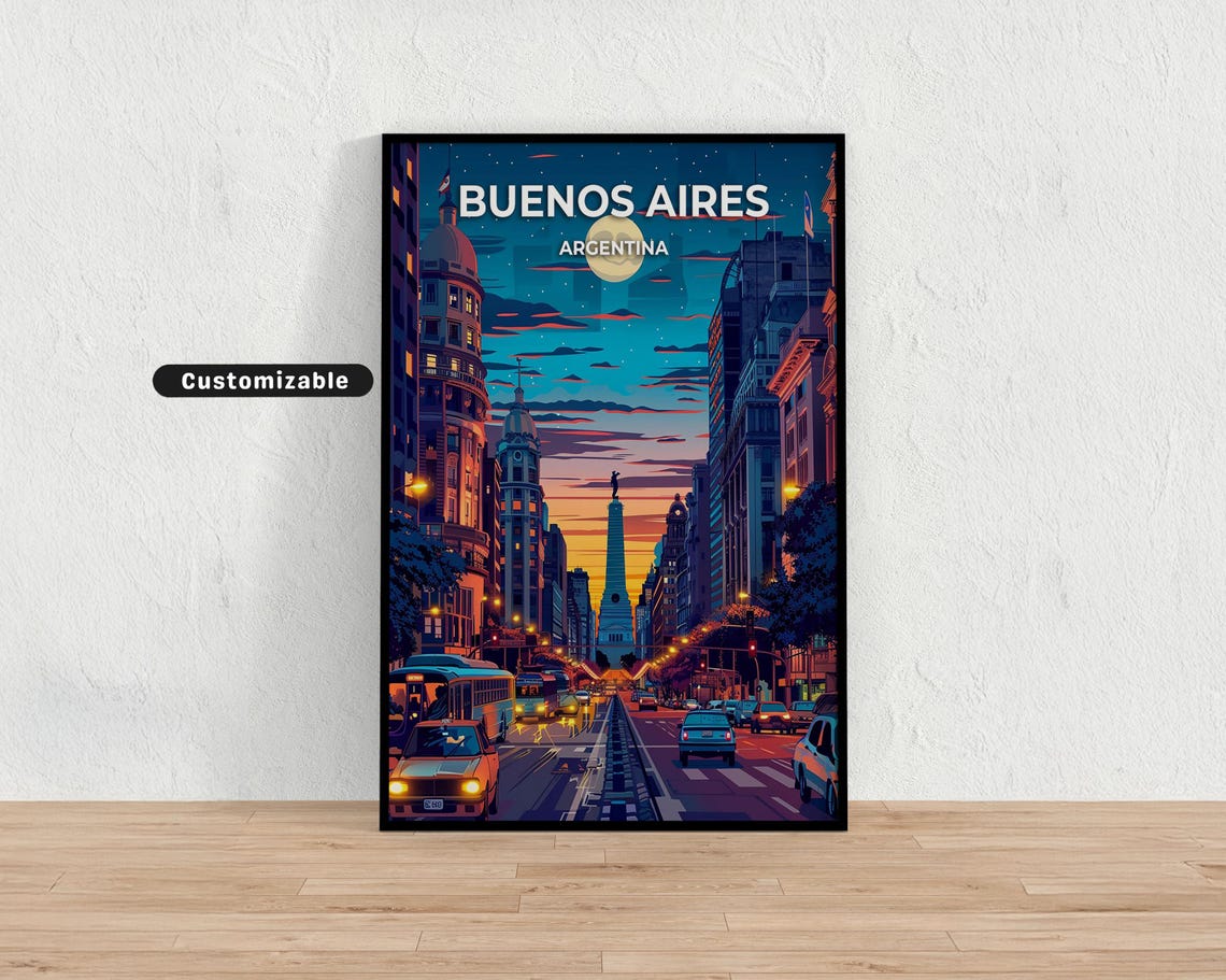 Buenos Aires Argentina Night Avenue City Lights Travel Poster Art