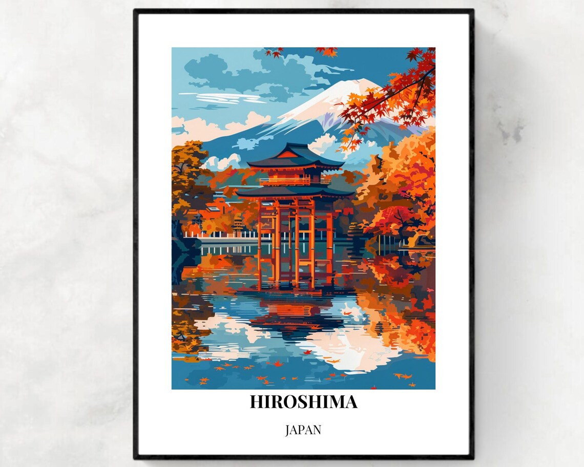 Hiroshima Japan Autumn Pavilion Lake Snowy Peak Reflection Poster
