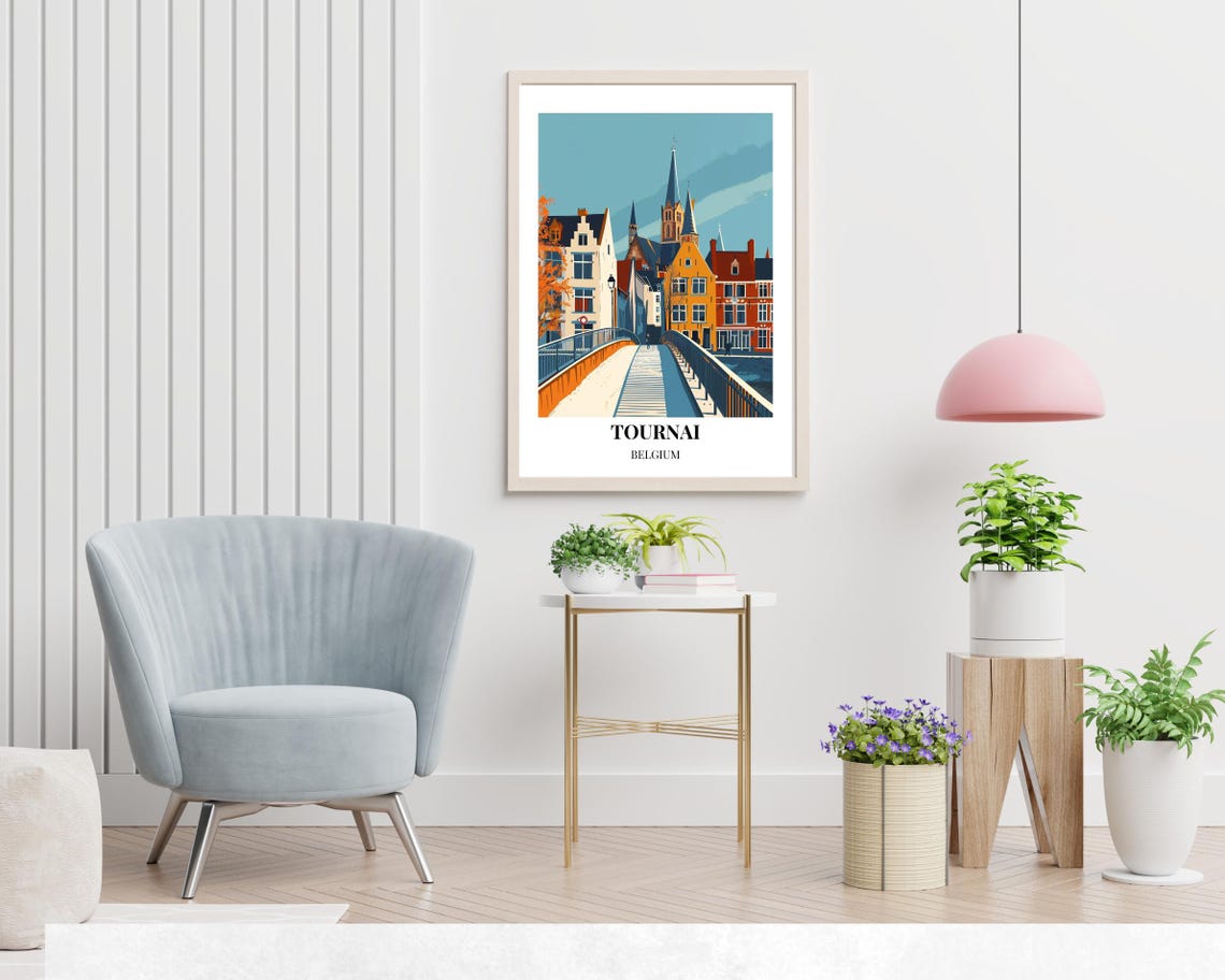 Tournai Belgium Bridge Overlooking Historic Rooftops Travel Poster - Image 2