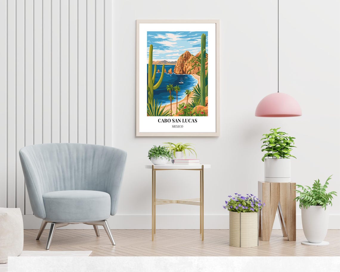 Cabo San Lucas Mexico Cactus Palms Bay Sailboat Scene Poster - Image 2