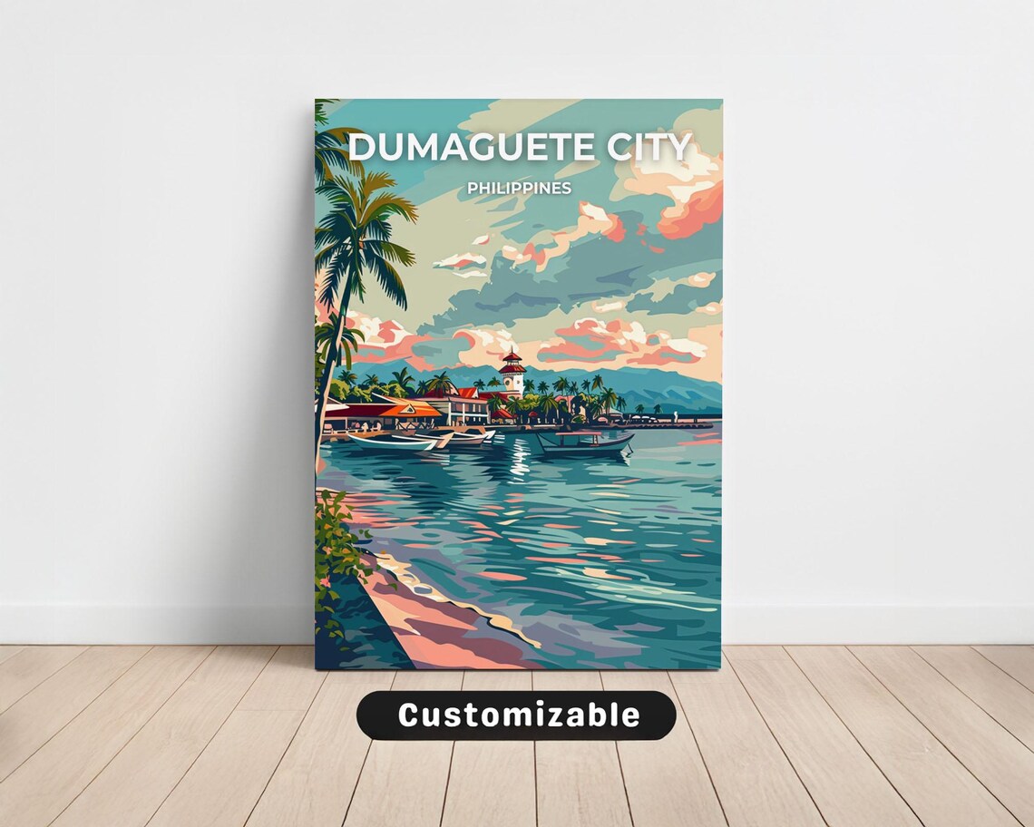 Dumaguete City Philippines Waterfront Dusk Vintage Travel Art Poster