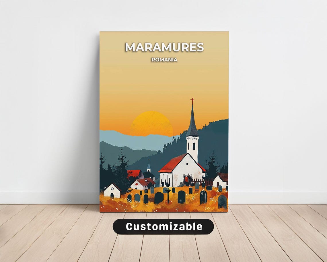 Maramures Romania Sunset Village Church Golden Hour Travel Poster
