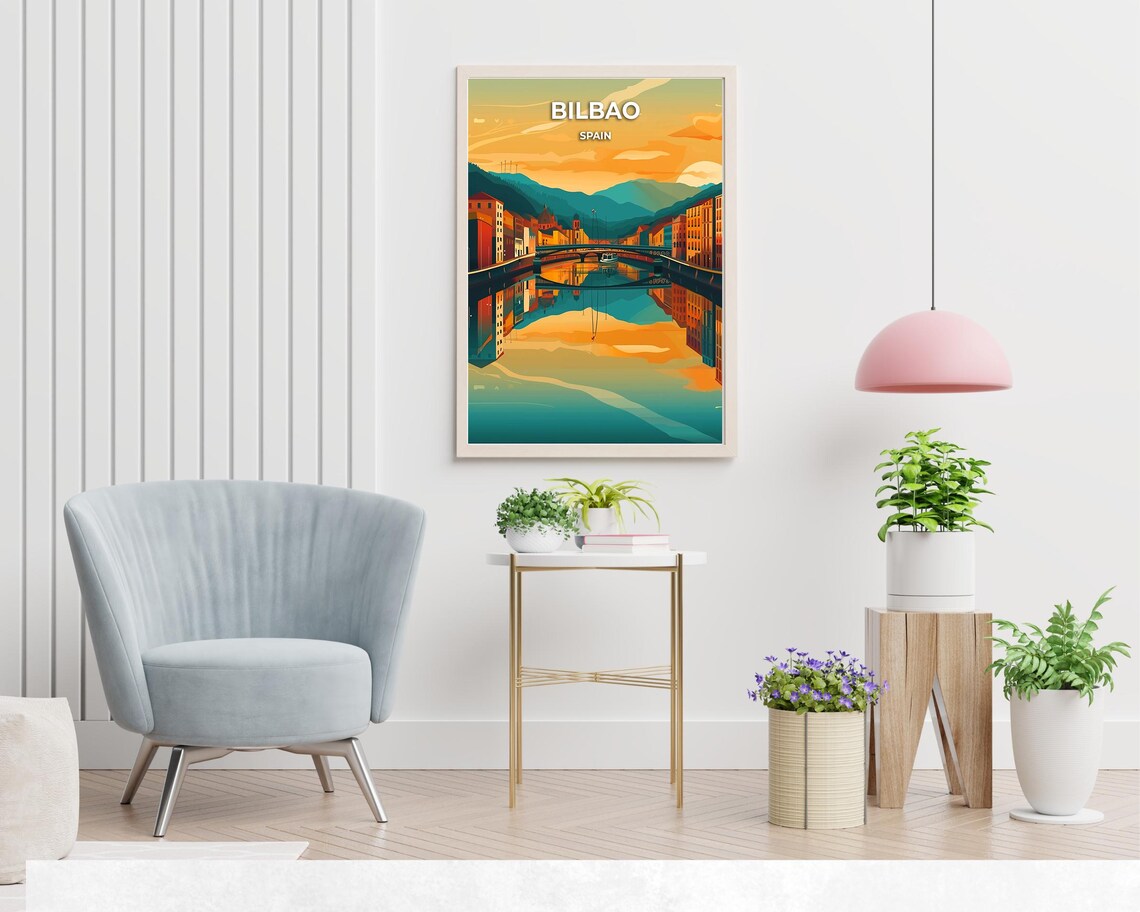 Bilbao Spain Nervion River Sunset Golden Travel Illustration Poster - Image 2