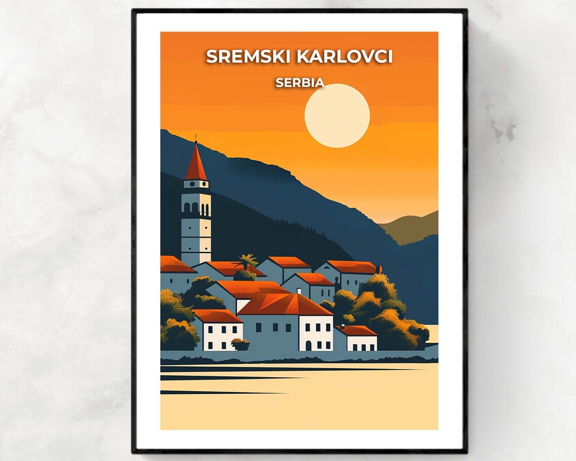 Sremski Karlovci Serbia Riverside Town Sunset Vintage Travel Poster