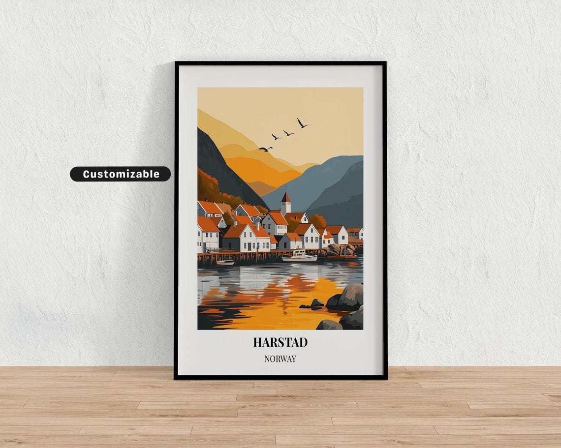 Harstad Norway Sunset Harbor Village Scandinavian Travel Poster