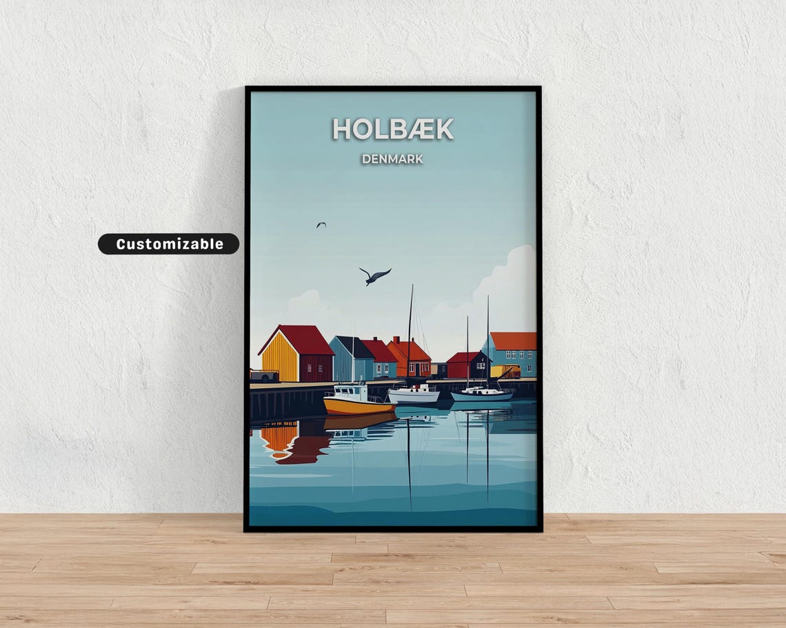 Holbaek Denmark Harbor Seagulls Colorful Boathouses Travel Poster