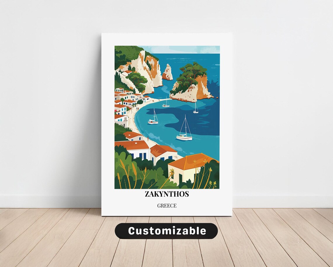 Zakynthos Greece Vintage Coastal Harbor Sailboats Travel Art Poster