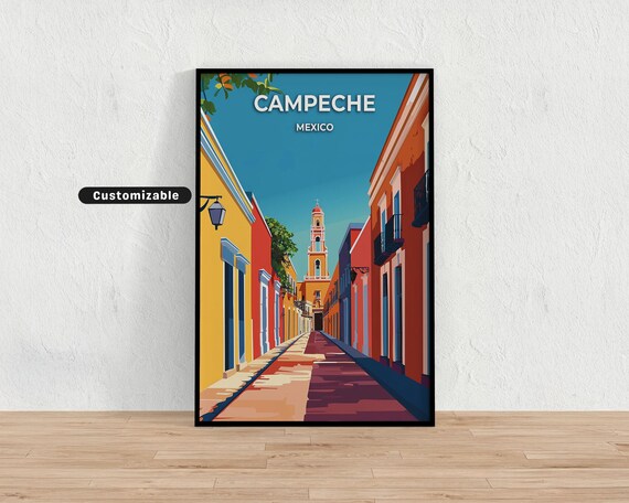 Campeche Mexico Colonial Street Church Tower Custom Travel Poster