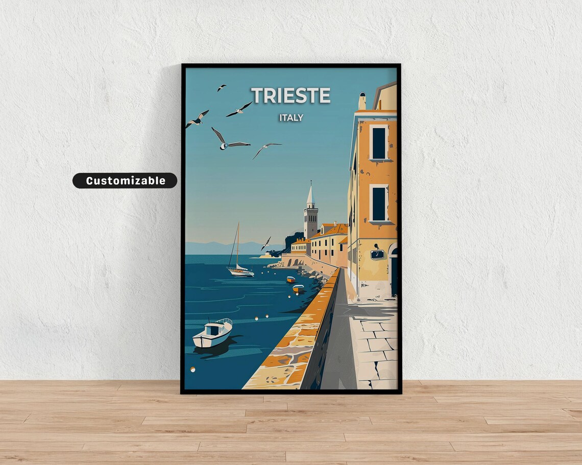 Trieste Italy Seaside Promenade with Sailboats Vintage Travel Poster