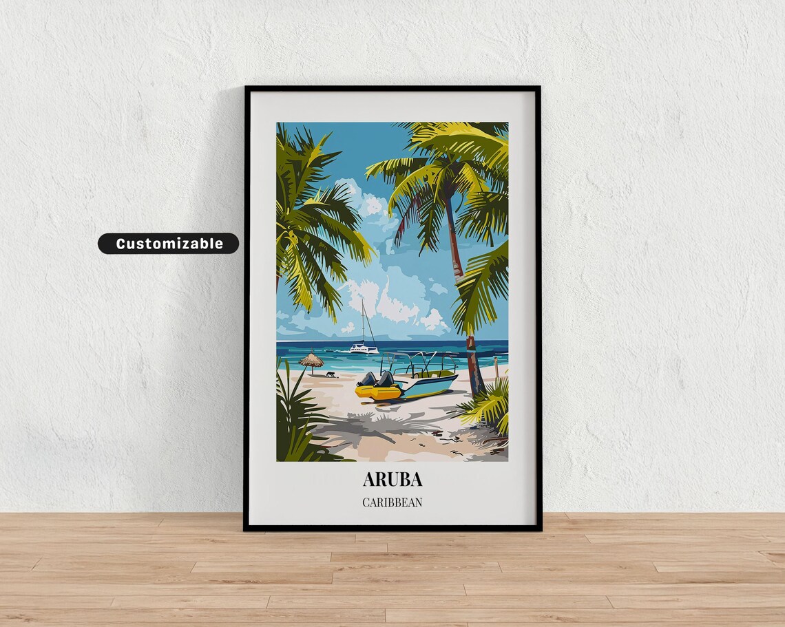 Aruba Caribbean Palm Beach Fishing Boats Customizable Travel Poster