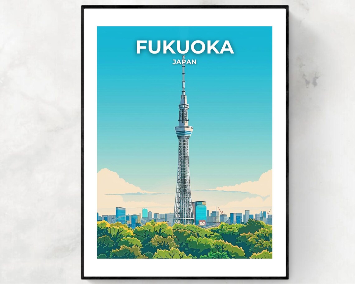Fukuoka Japan Daytime Landmark Tower Poster in Bright Blue Sky