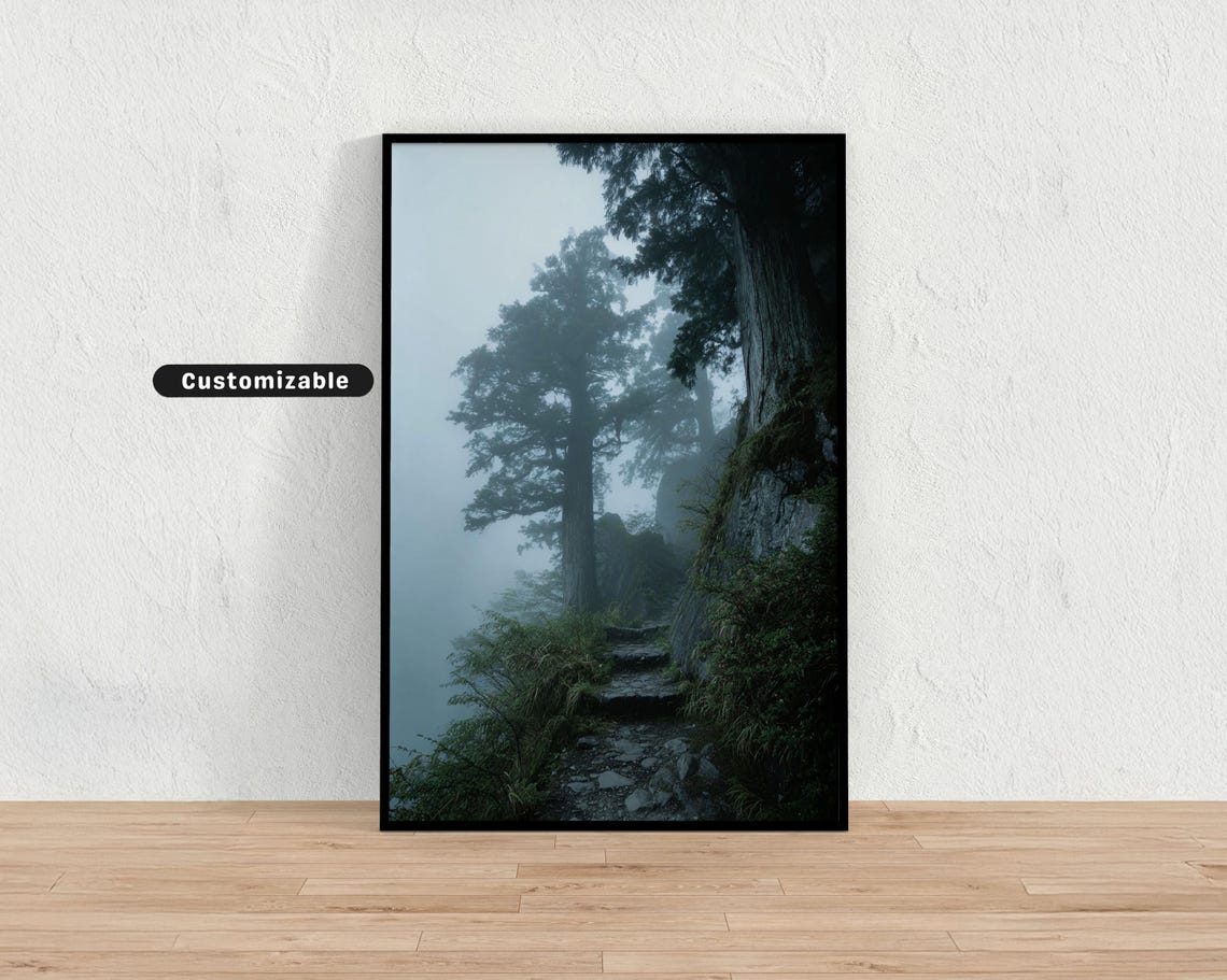 Japanese Mountain Pass In Fog With Ancient Cedar Trees Wall Art Print Zen Asian Decor