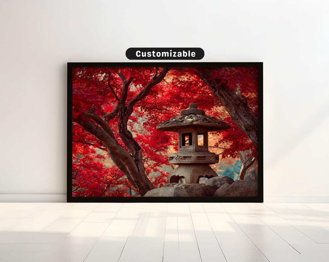 Japanese Stone Lantern Red Maple Autumn Trees Fall Foliage Photo Poster
