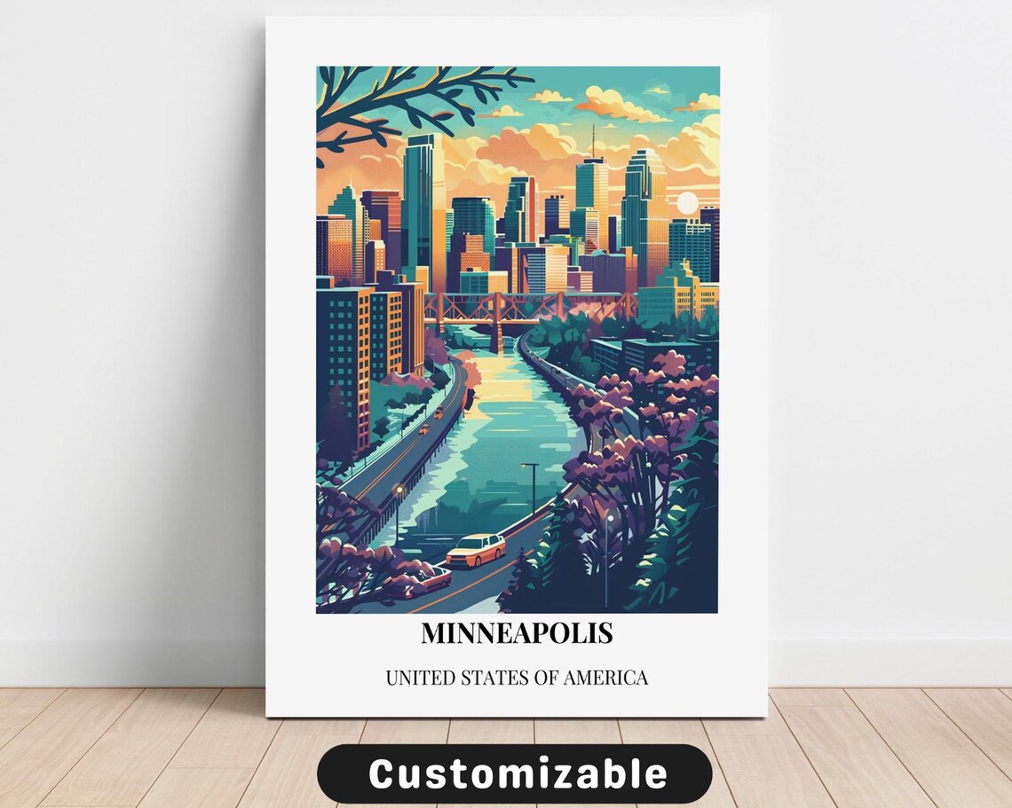 Minneapolis United States Retro Travel Poster City Skyline River View