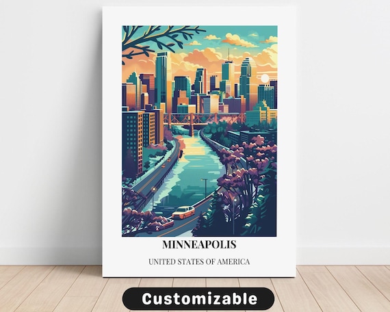 Minneapolis United States Retro Travel Poster City Skyline River View