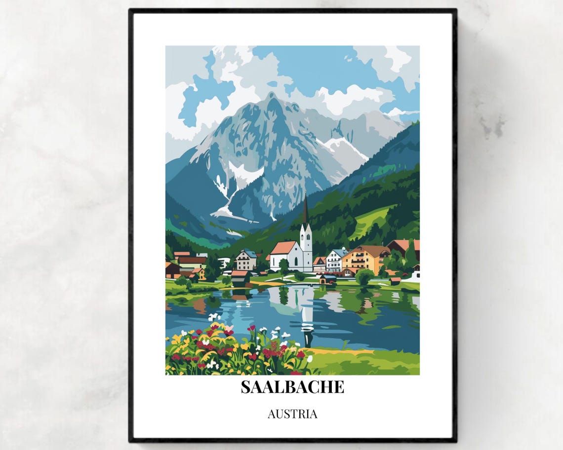 Saalbache Austria Lakeside Village Summer Mountain Poster Art