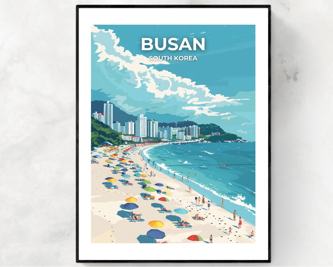 Busan South Korea Haeundae Beach Umbrellas City Skyline Travel Poster