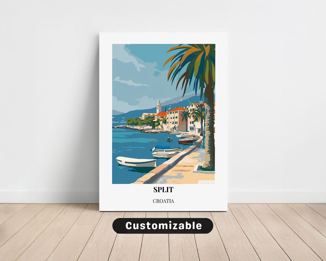 Split Croatia Retro Harbor Promenade Palm Boats Travel Poster