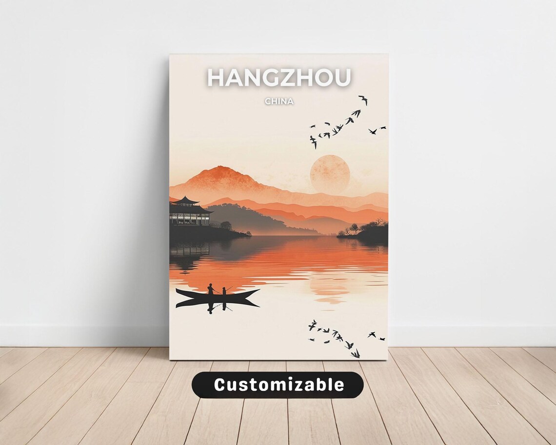 Hangzhou China West Lake Sunset Fisherman Boat Travel Poster