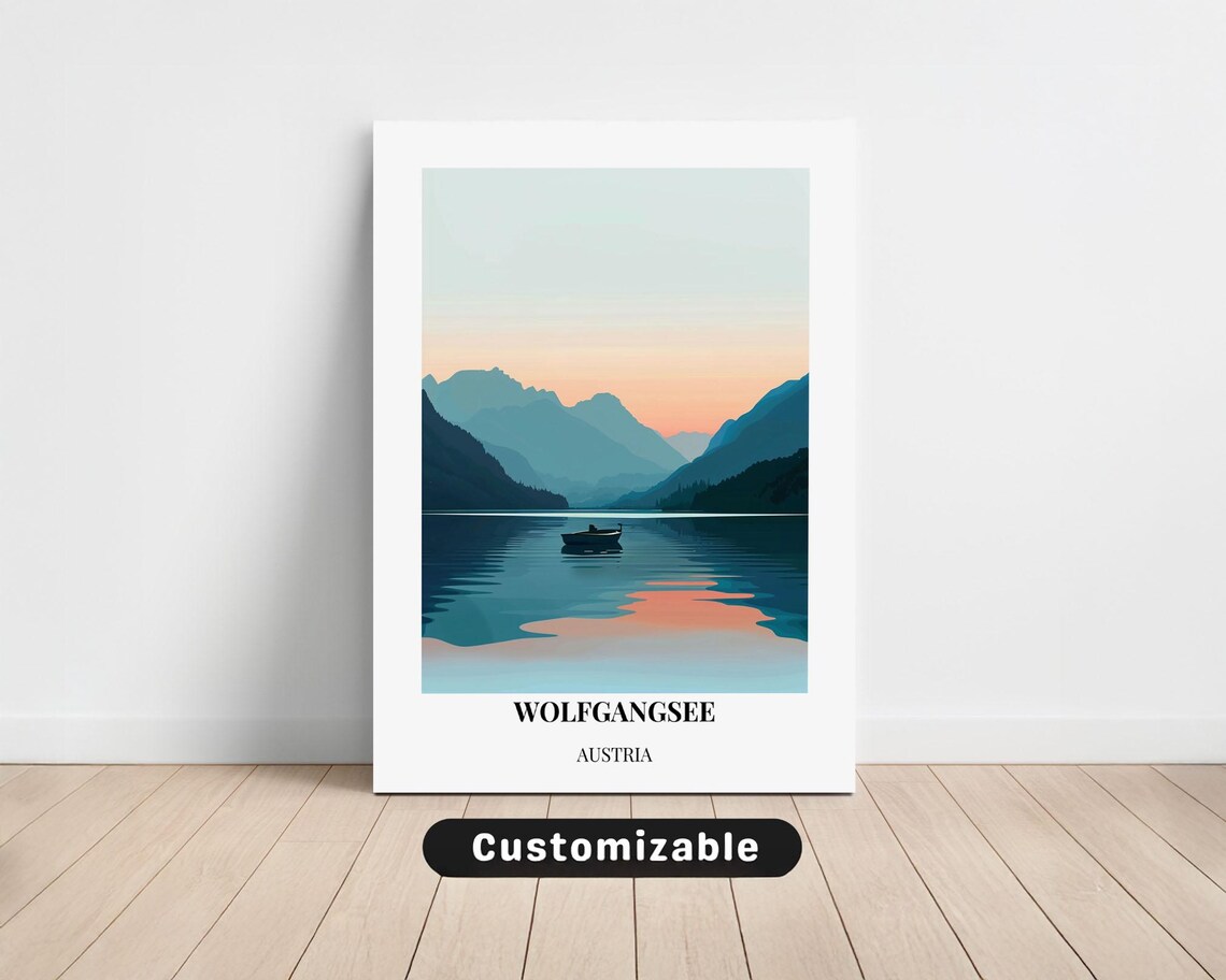 Wolfgangsee Austria Travel Poster Minimalist Lake Sunset Illustration