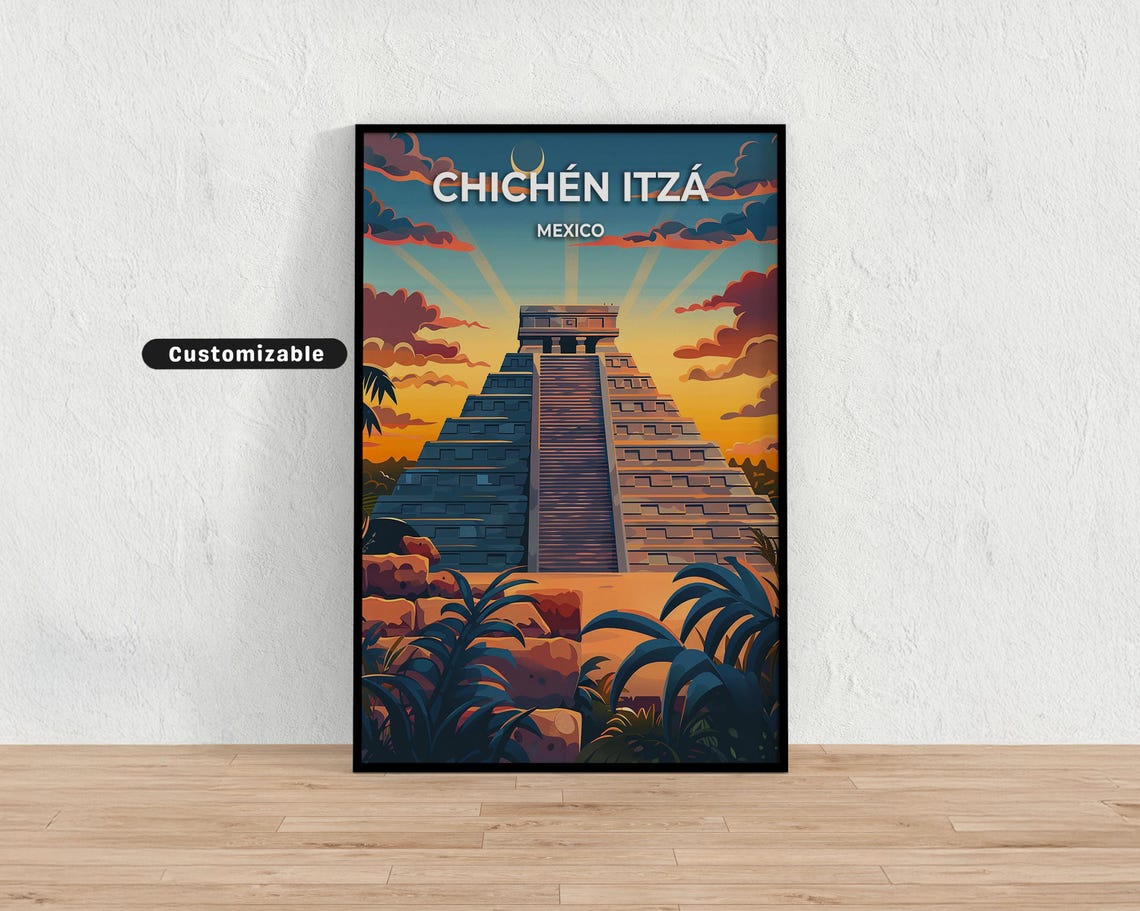 Chichen Itza Mexico El Castillo Pyramid Sunset Moon Travel Poster
