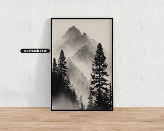 Silhouette Of Pine Trees And Mountain Ridges In Ink Wash Style Japanese Wall Art Print Zen Asian Decor