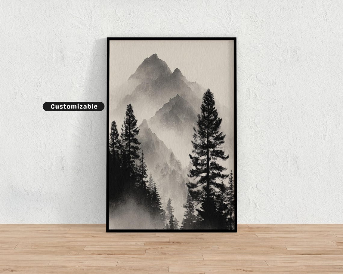 Misty Pine Trees Mountain Ink Wash Style Japanese Art Poster
