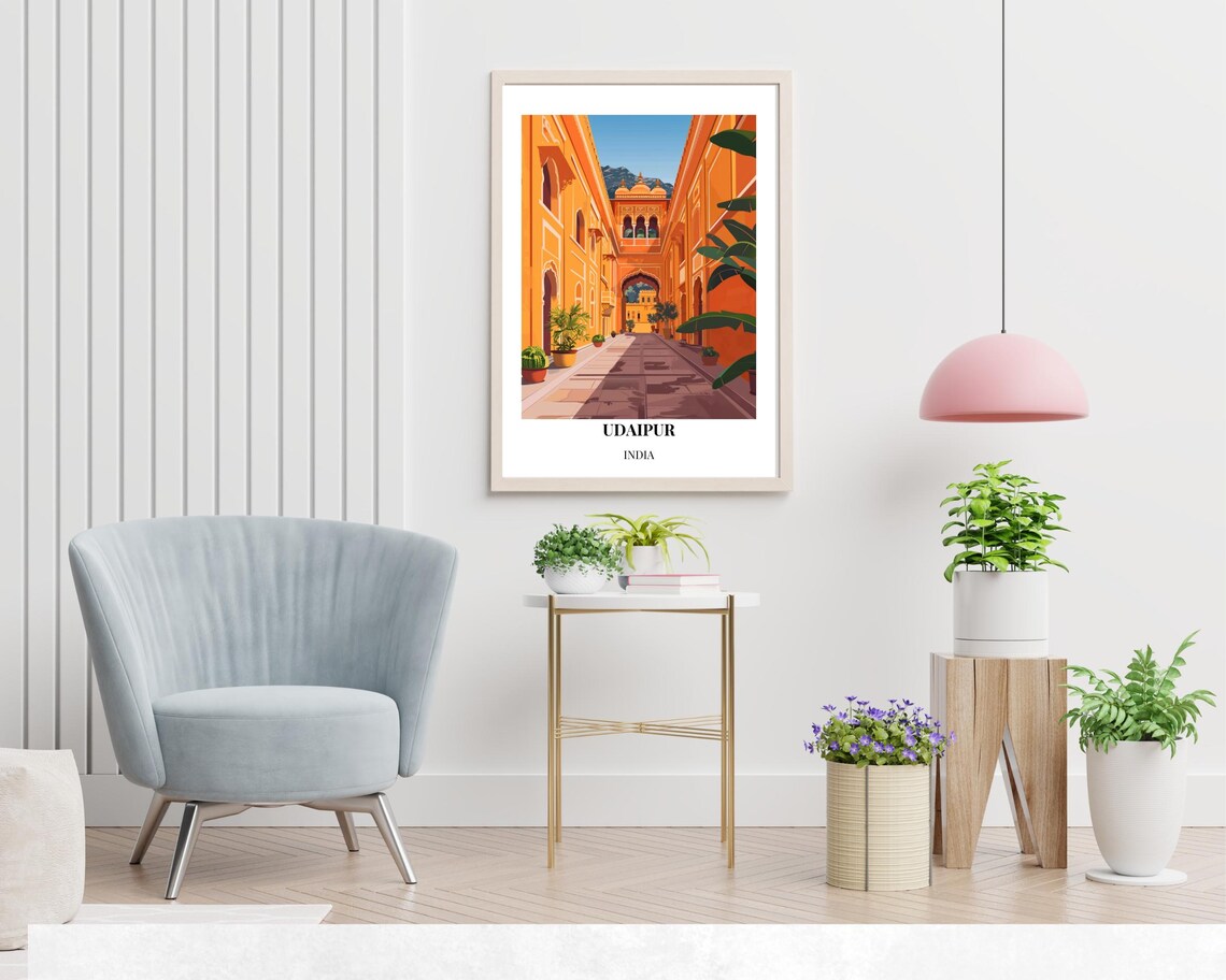 Udaipur India Orange Palace Courtyard Arches Vintage Travel Poster - Image 2