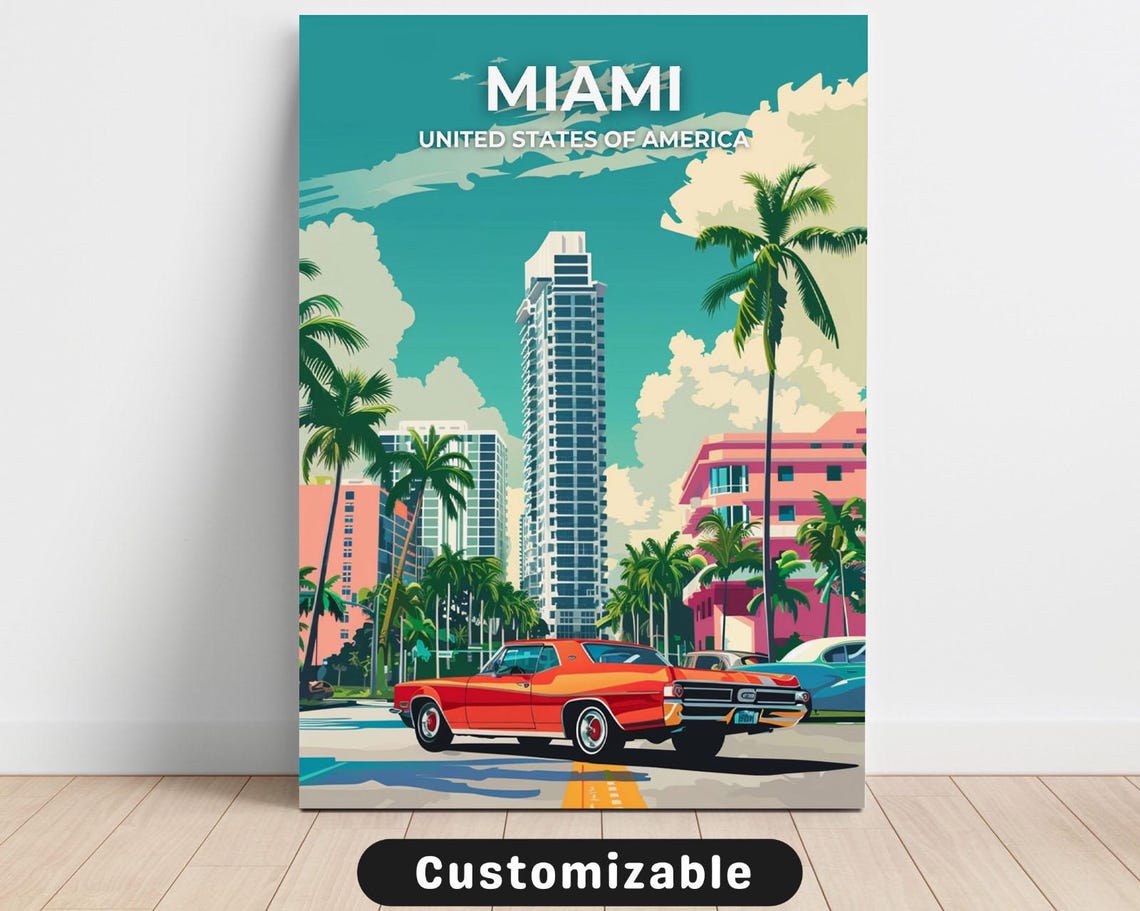 Miami USA Art Deco Vintage Car Retro Custom Travel Poster Customizable