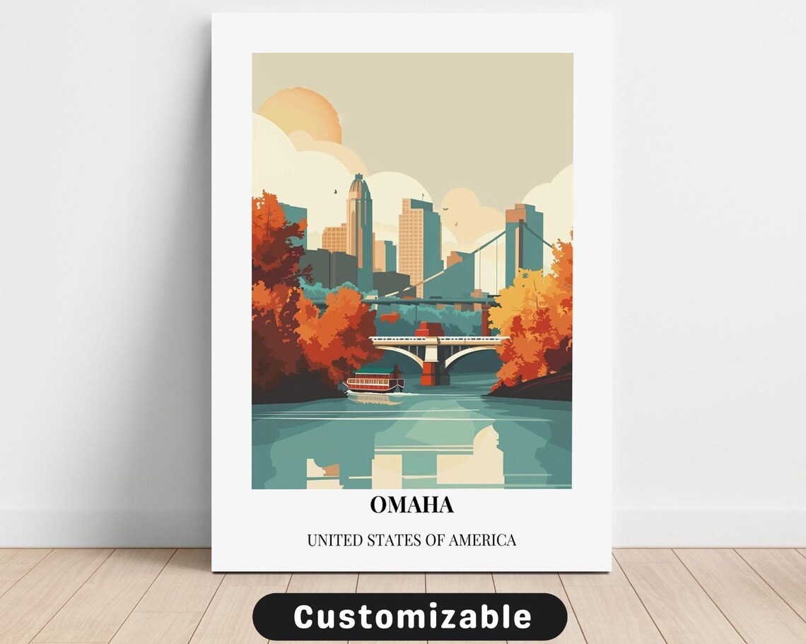 Omaha Autumn Riverfront Bridge Skyline Retro Travel Poster USA