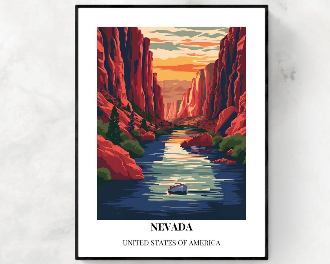 Nevada Red Rock Canyon River Scene at Sunset Vintage Travel Poster