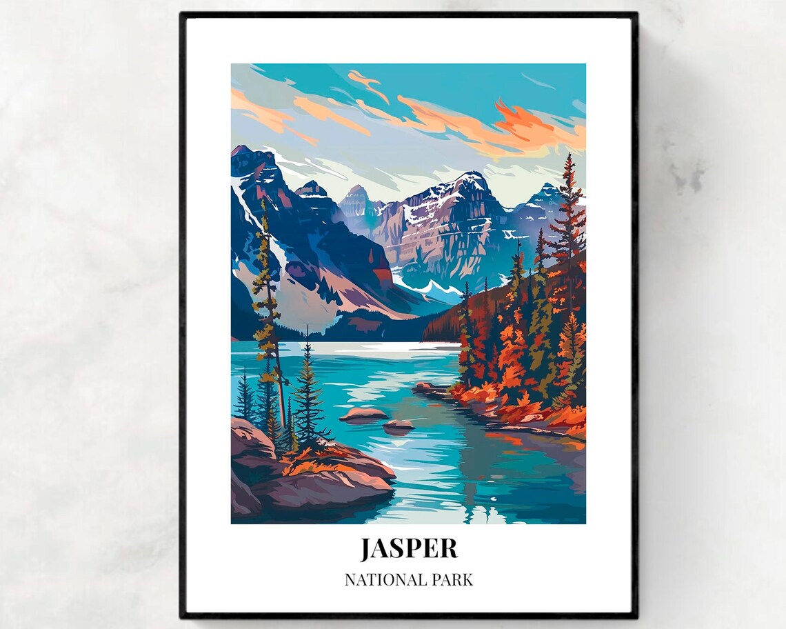Jasper National Park Autumn Gold Turquoise Lake Peaks Poster