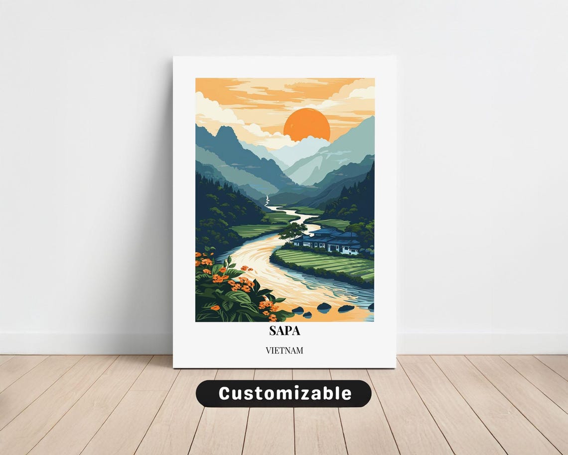 Sapa Vietnam Terraced Rice Fields Sunset Mountain Travel Poster
