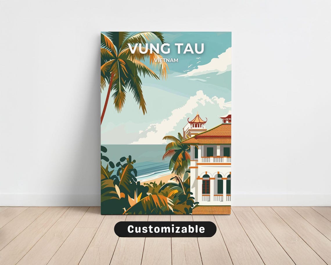 Vung Tau Vietnam Vintage Travel Art Beach Pagoda Coast Poster