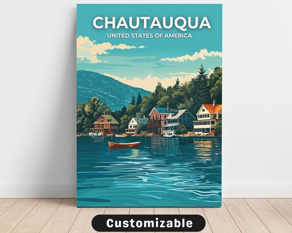 Chautauqua Lake Cabins Boats Retro American Travel Canvas Wall Art