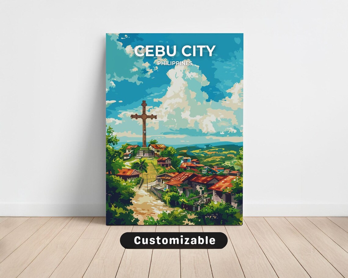 Cebu City Philippines Hilltop Cross Village View Travel Poster
