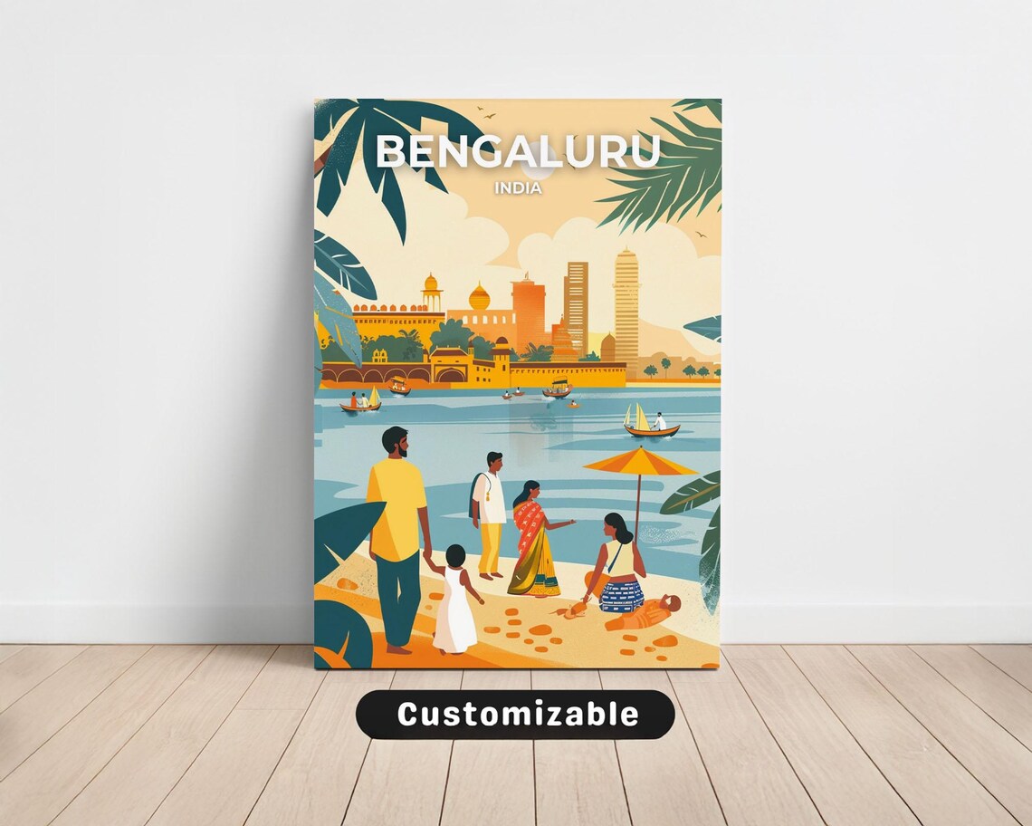 Bengaluru India Waterfront Boats Sunset Travel Canvas Poster