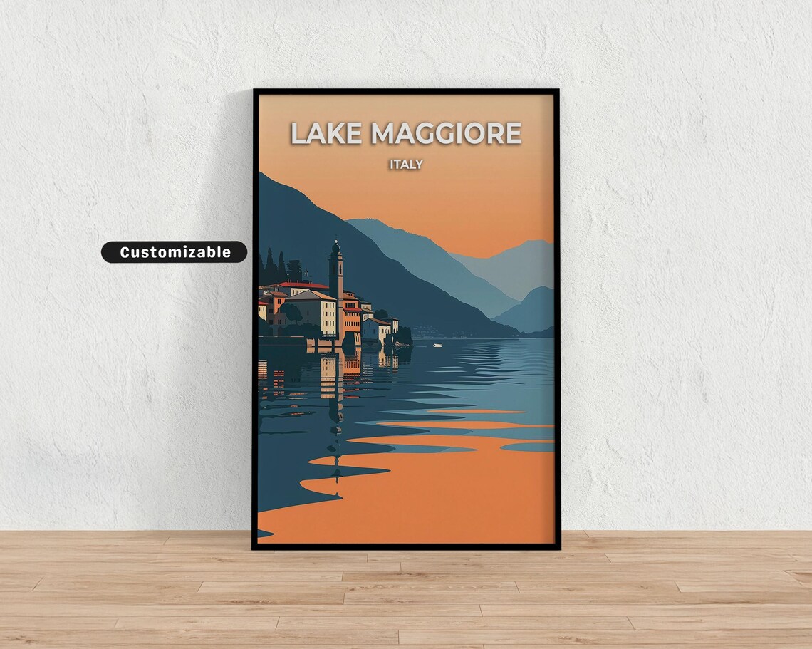 Lake Maggiore Italy Sunset Lakeside Village Vintage Travel Poster