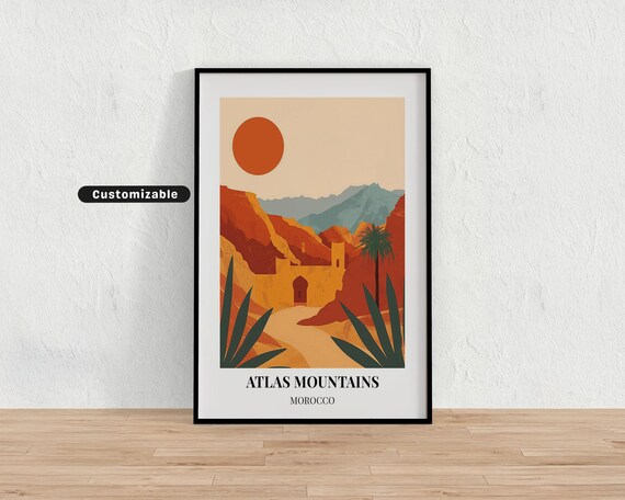 Atlas Mountains Morocco Travel Poster Desert Kasbah Sunset Art
