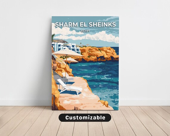 Sharm El Sheinks Egypt Beach Resort Umbrellas Vintage Travel Poster