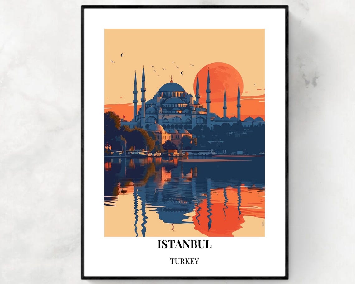 Istanbul Turkey Blue Mosque Sunset Reflection Art Travel Poster