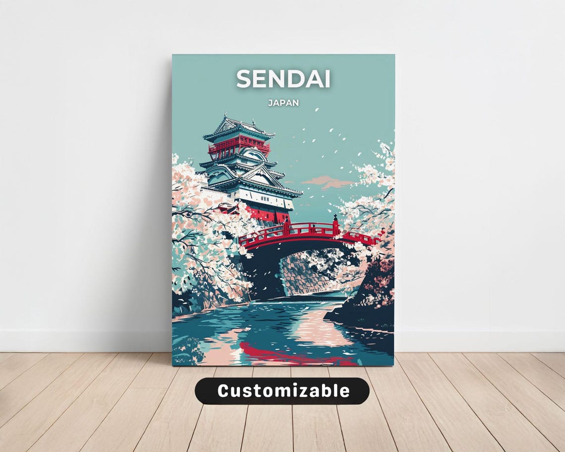Sendai Japan Castle Red Bridge Cherry Blossom Spring Travel Poster