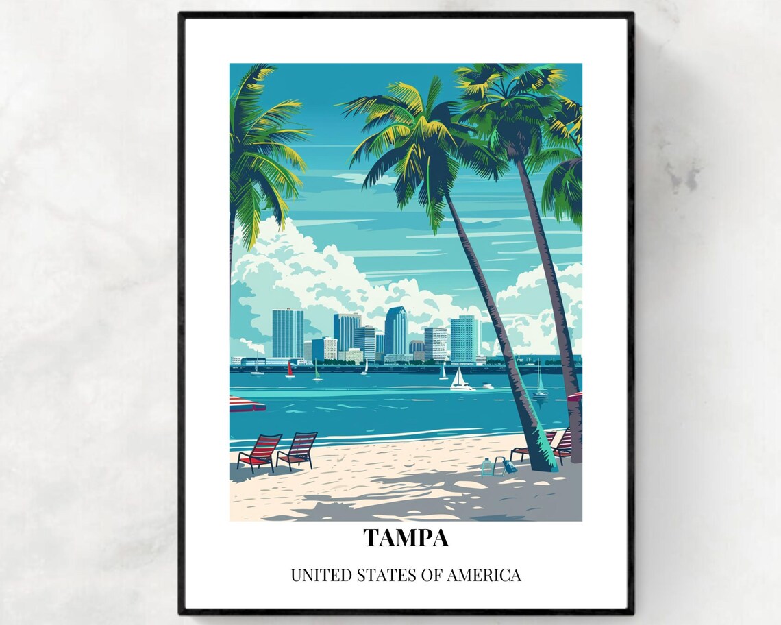 Tampa Florida Beach Palms Skyline Sailboats Bottom Title Travel Poster
