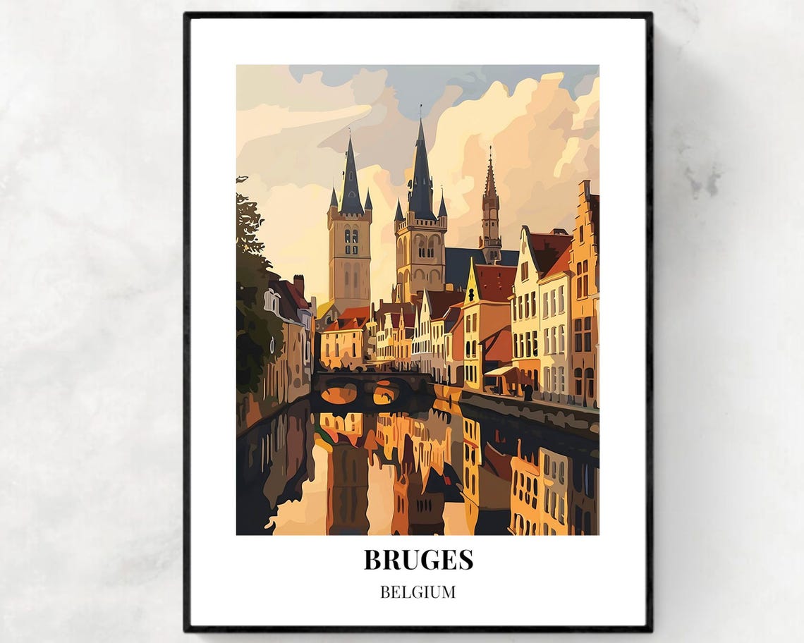 Bruges Belgium Canal Reflection Golden Light Towers Scene Poster