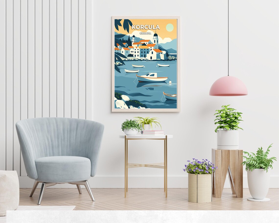 Korcula Croatia Old Town Harbor Sunset Travel Illustration Poster - Image 2