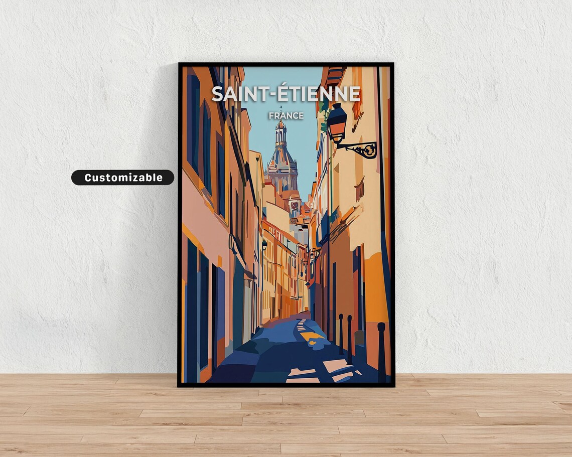 Saint-Etienne France Old Town Street Church Tower Travel Poster