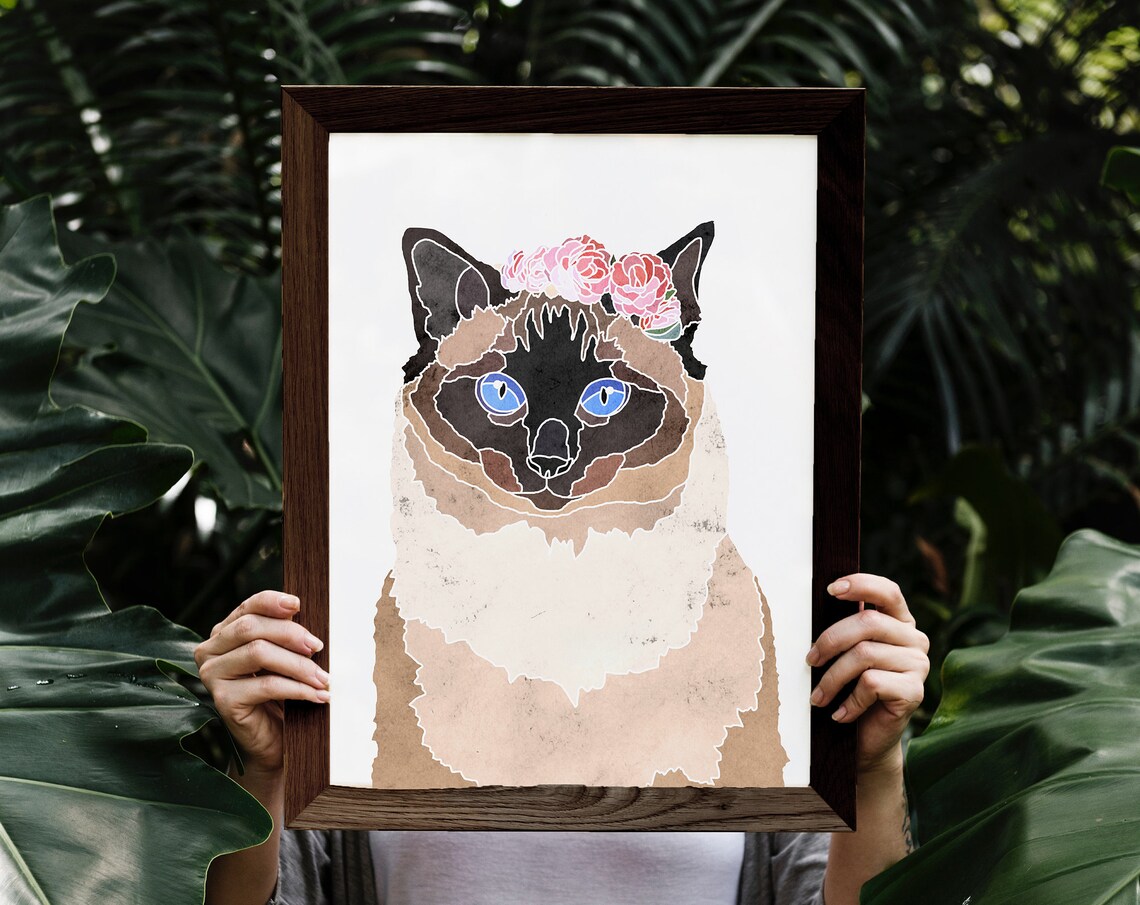 Siamese Cat Pet Portrait, Watercolor Lover Gift