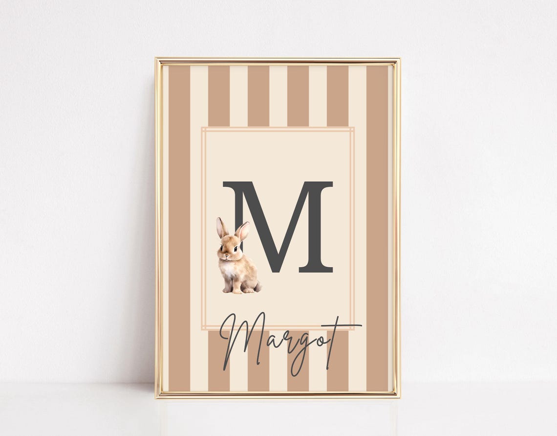 Beige Striped Letter M Bunny Margot Name Nursery Monogram Poster
