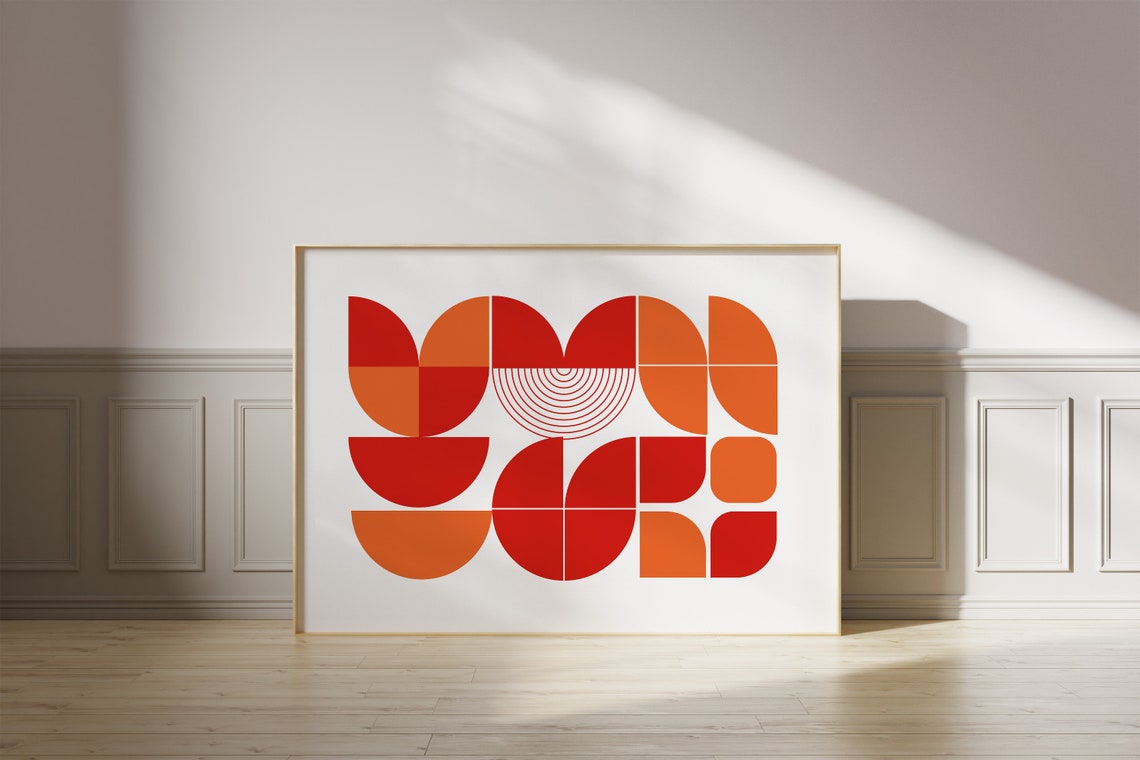 Mid Century Modern Geometric Red Orange Retro Abstract Wall Art